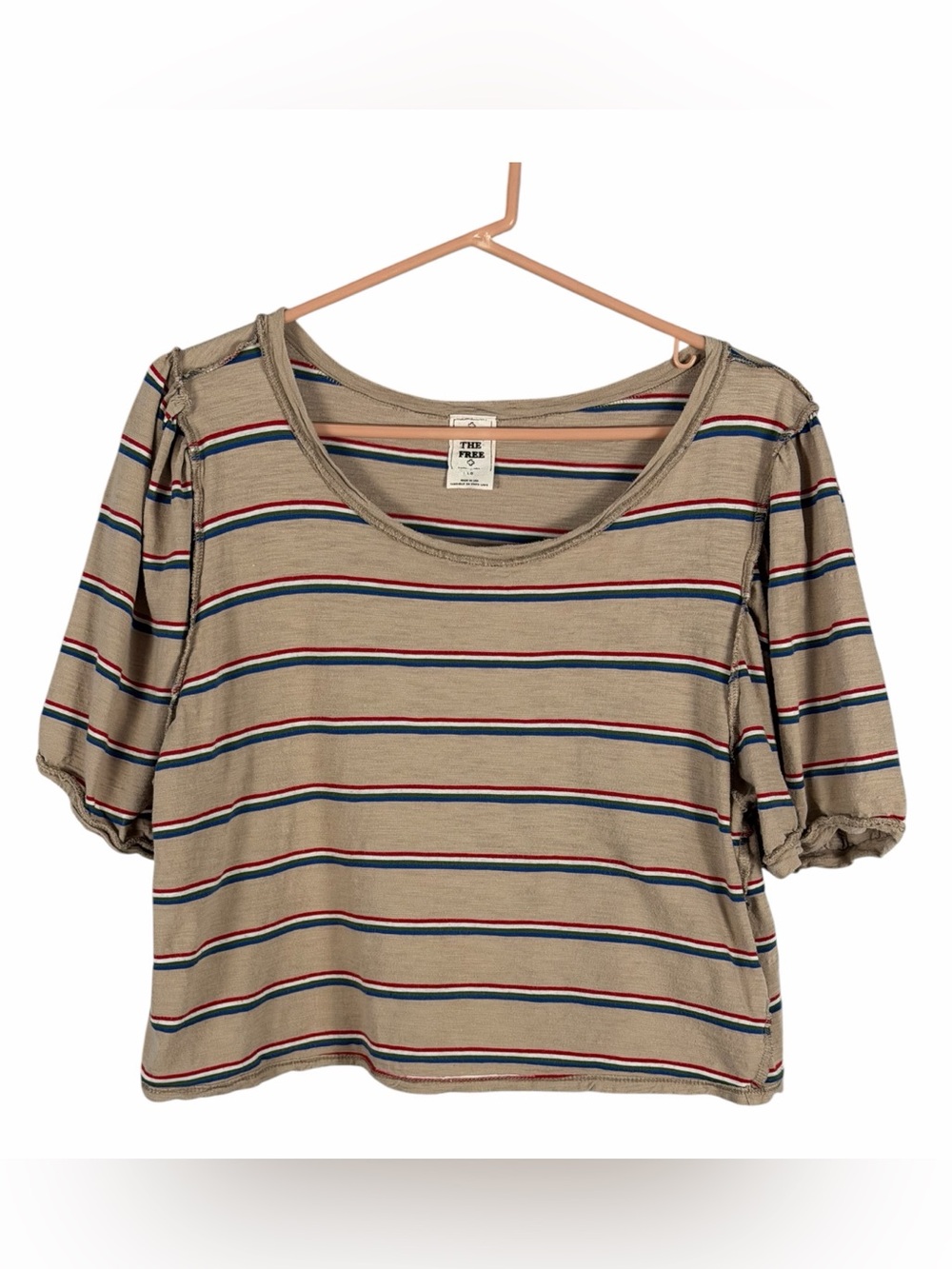 We The Free Tan Striped Scoop Neck Crop Top with Blue & Red Accents